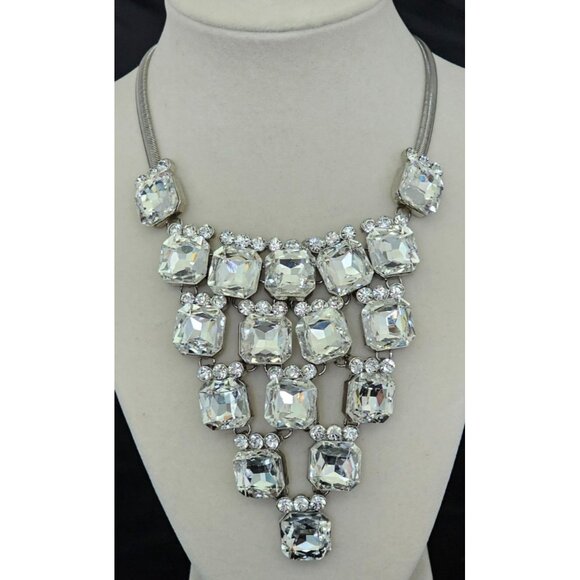 Runway Statement Bib Necklace Earrings Set Silver Tone Clear Crystal Rhinestones - Picture 1 of 9
